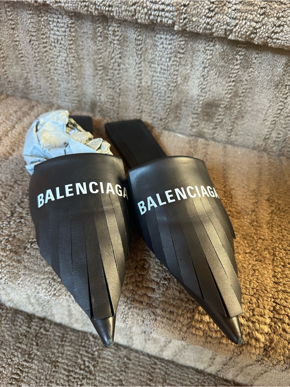 Balenciaga Black Pointed Logo Slip-On Shoes size 39